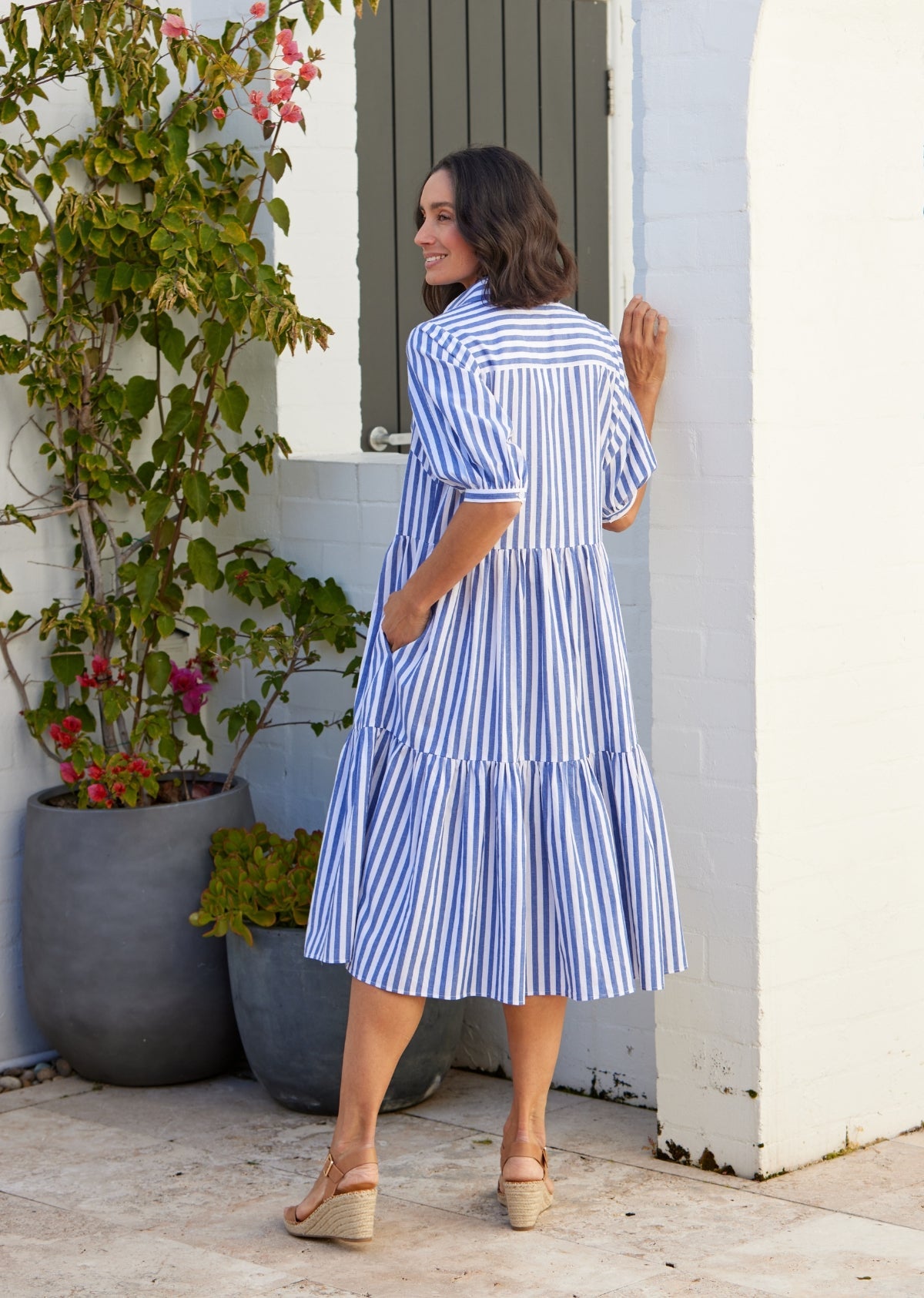 Goldenshore Women's Striped Cotton Shirtdress - Lightweight Relaxed Midi Dress with Collar, Navy & Green