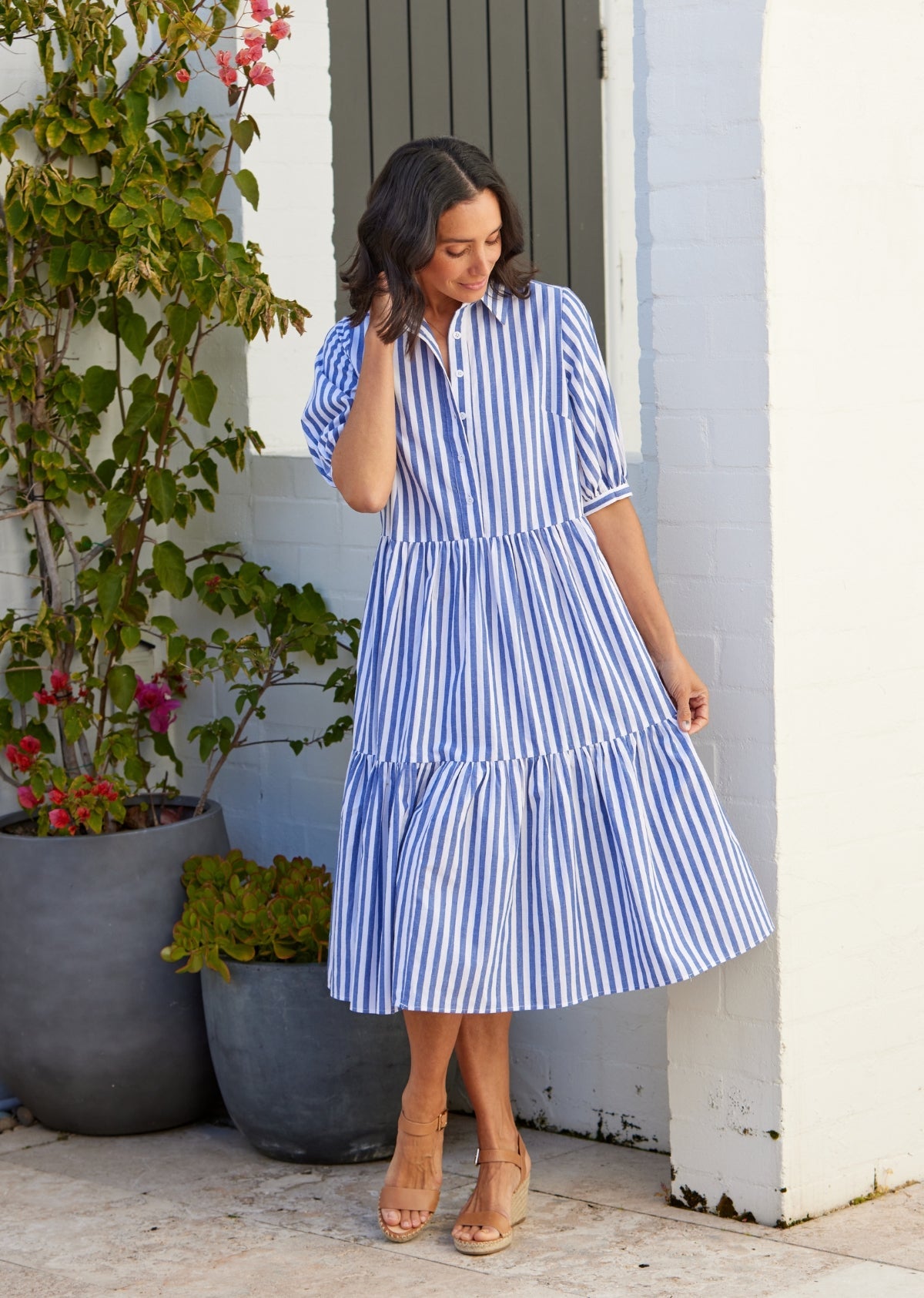 Goldenshore Women's Striped Cotton Shirtdress - Lightweight Relaxed Midi Dress with Collar, Navy & Green