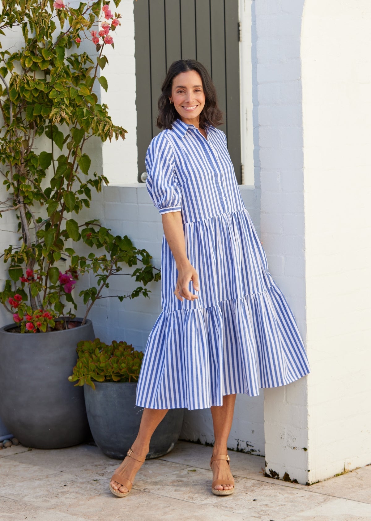 Goldenshore Women's Striped Cotton Shirtdress - Lightweight Relaxed Midi Dress with Collar, Navy & Green