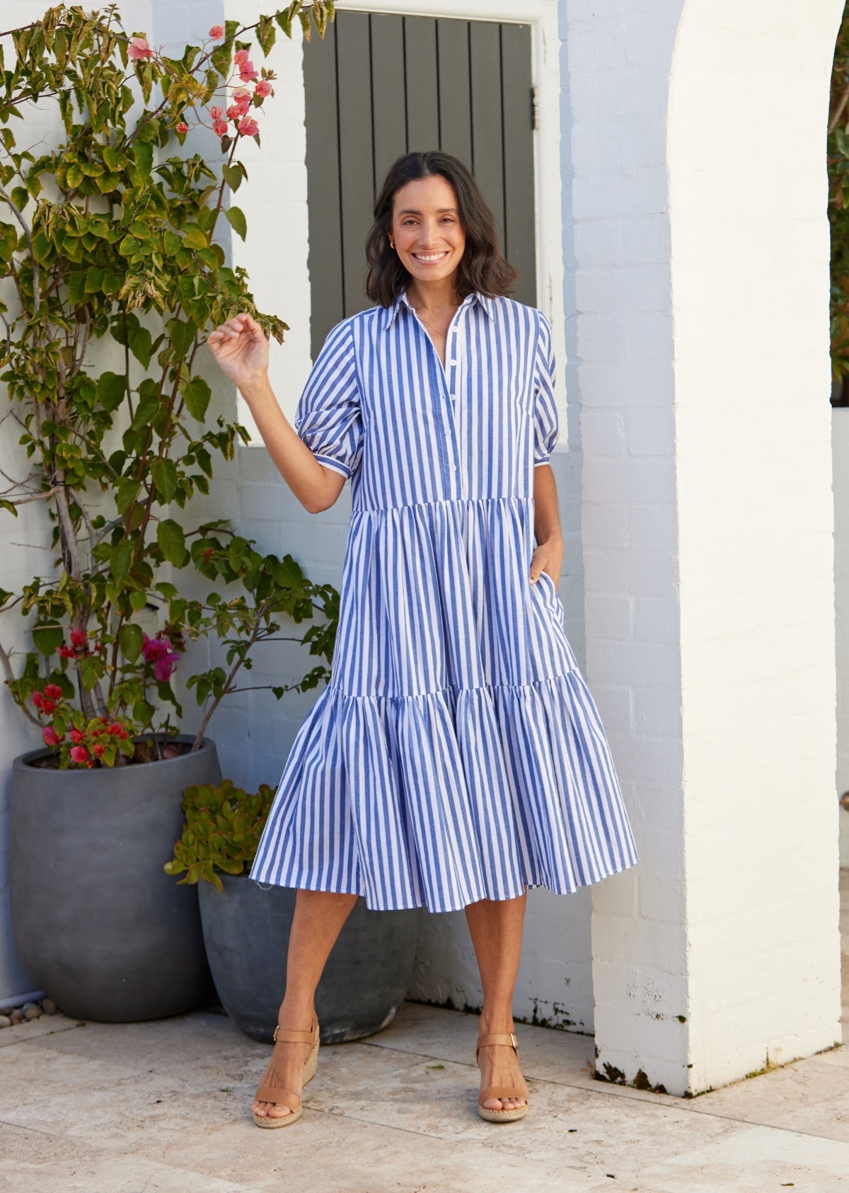 Goldenshore Women's Striped Cotton Shirtdress - Lightweight Relaxed Midi Dress with Collar, Navy & Green