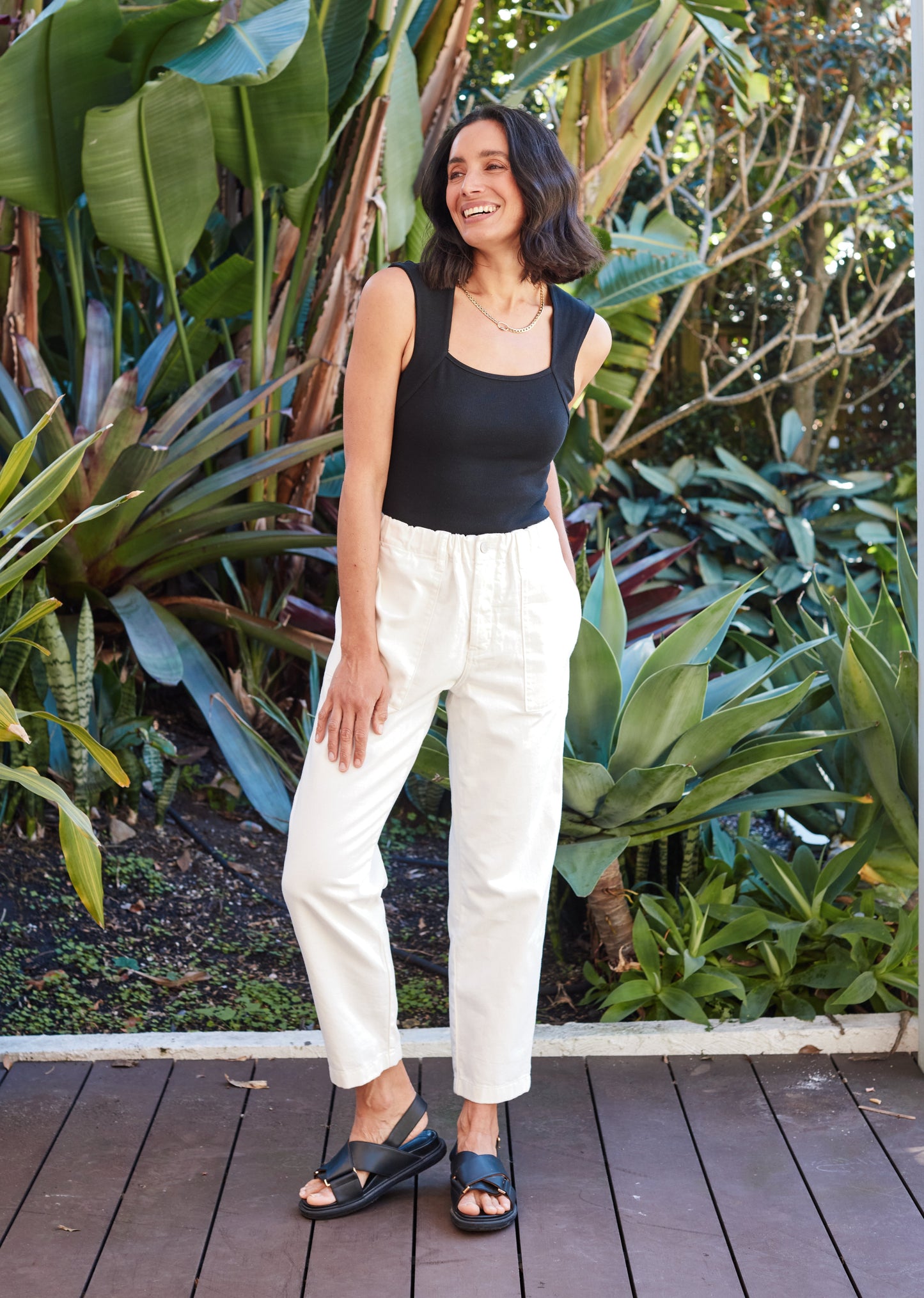 Goldenshore Women's Cotton Drill Cropped Pants - Soft Wash High-Waisted Trousers, Casual White Pocketed Beach Pants