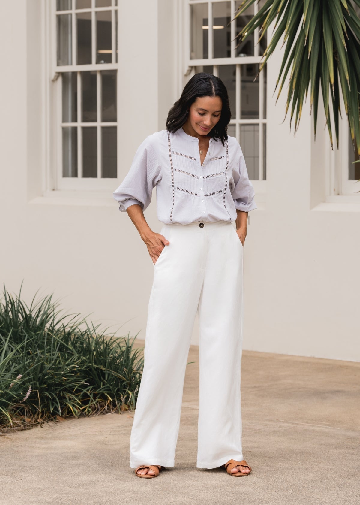 Goldenshore Women's Linen Blend Wide-Leg Pants - Lightweight High-Waisted Trousers, Ivory Tailored Beach Pants