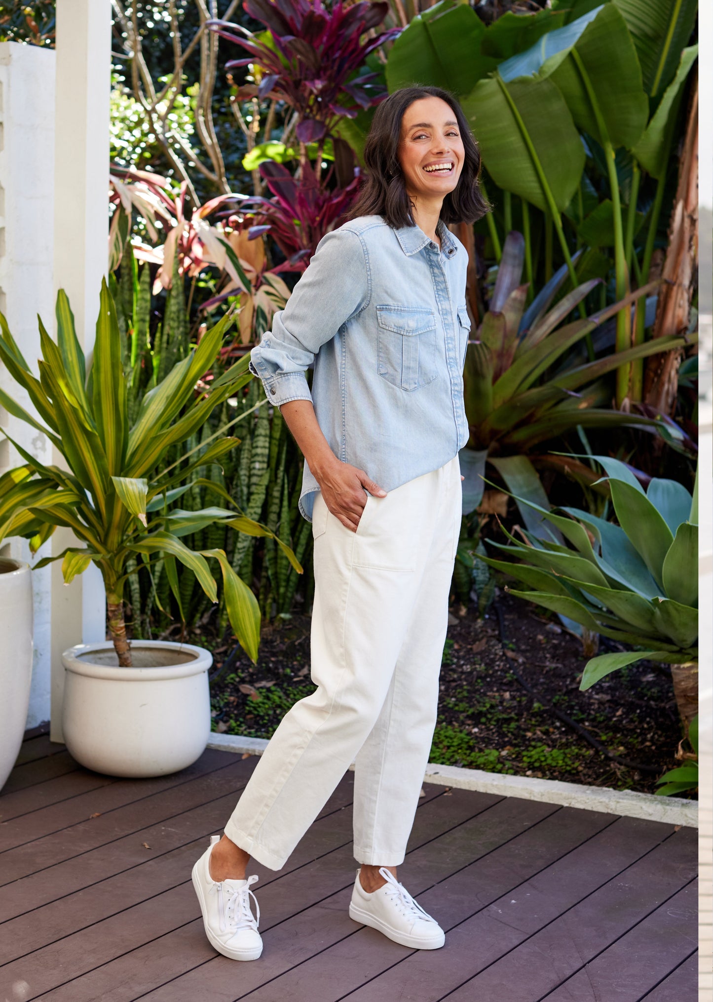 Goldenshore Women's Cotton Drill Cropped Pants - Soft Wash High-Waisted Trousers, Casual White Pocketed Beach Pants