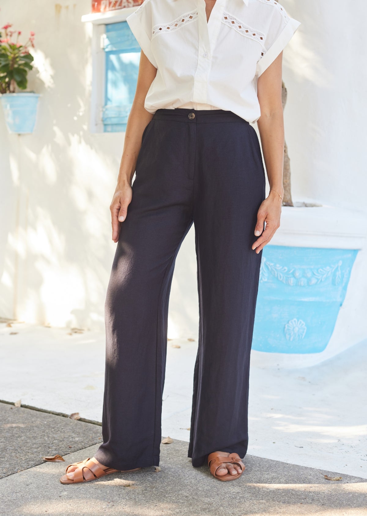 Goldenshore Women's Linen Blend Wide-Leg Pants - Lightweight High-Waisted Trousers, French Navy Tailored Beach Pants