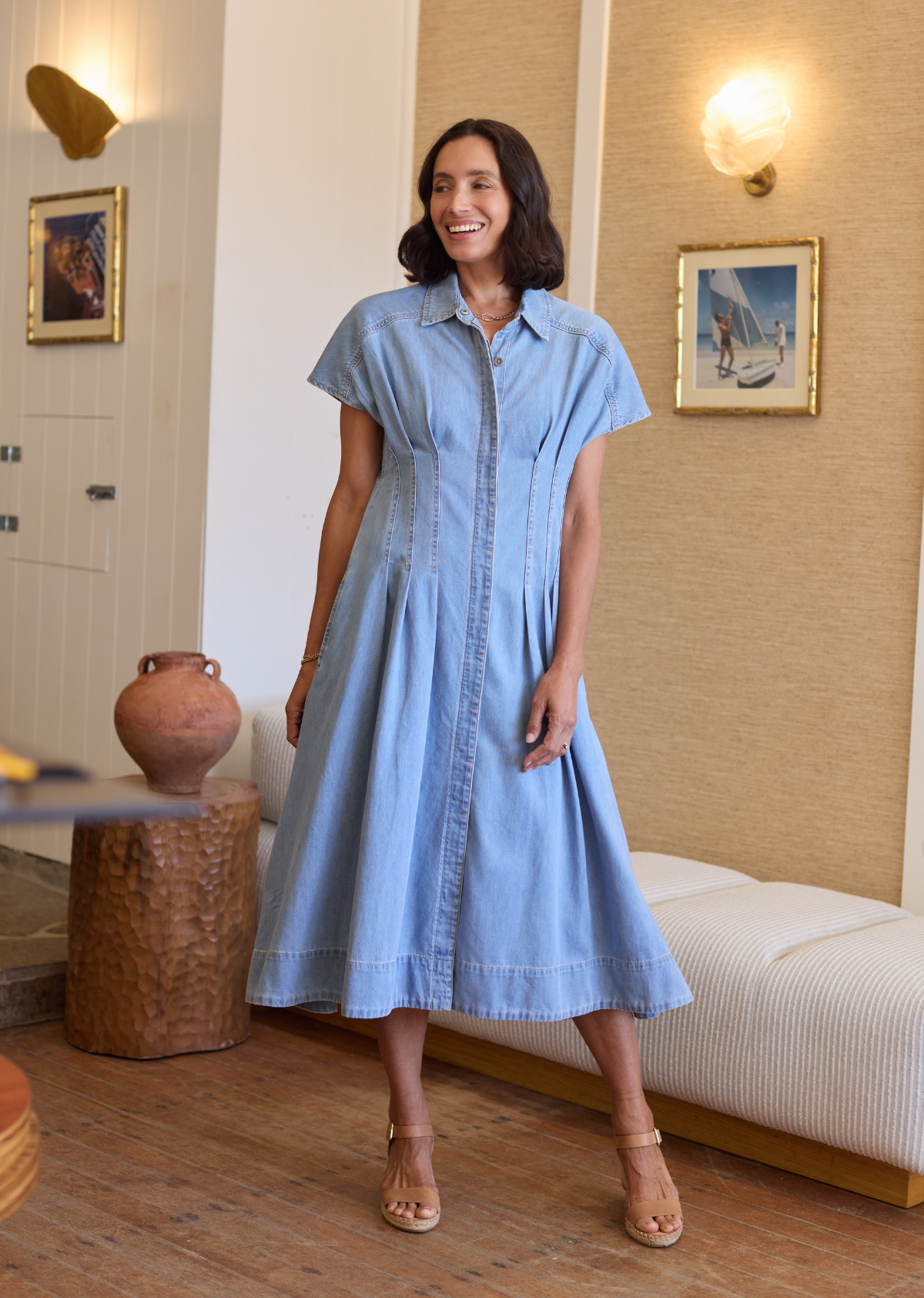 Goldenshore Women's Soft Wash Denim Midi Dress - Fit-and-Flare 100% Cotton Dress with Pockets, Light Blue