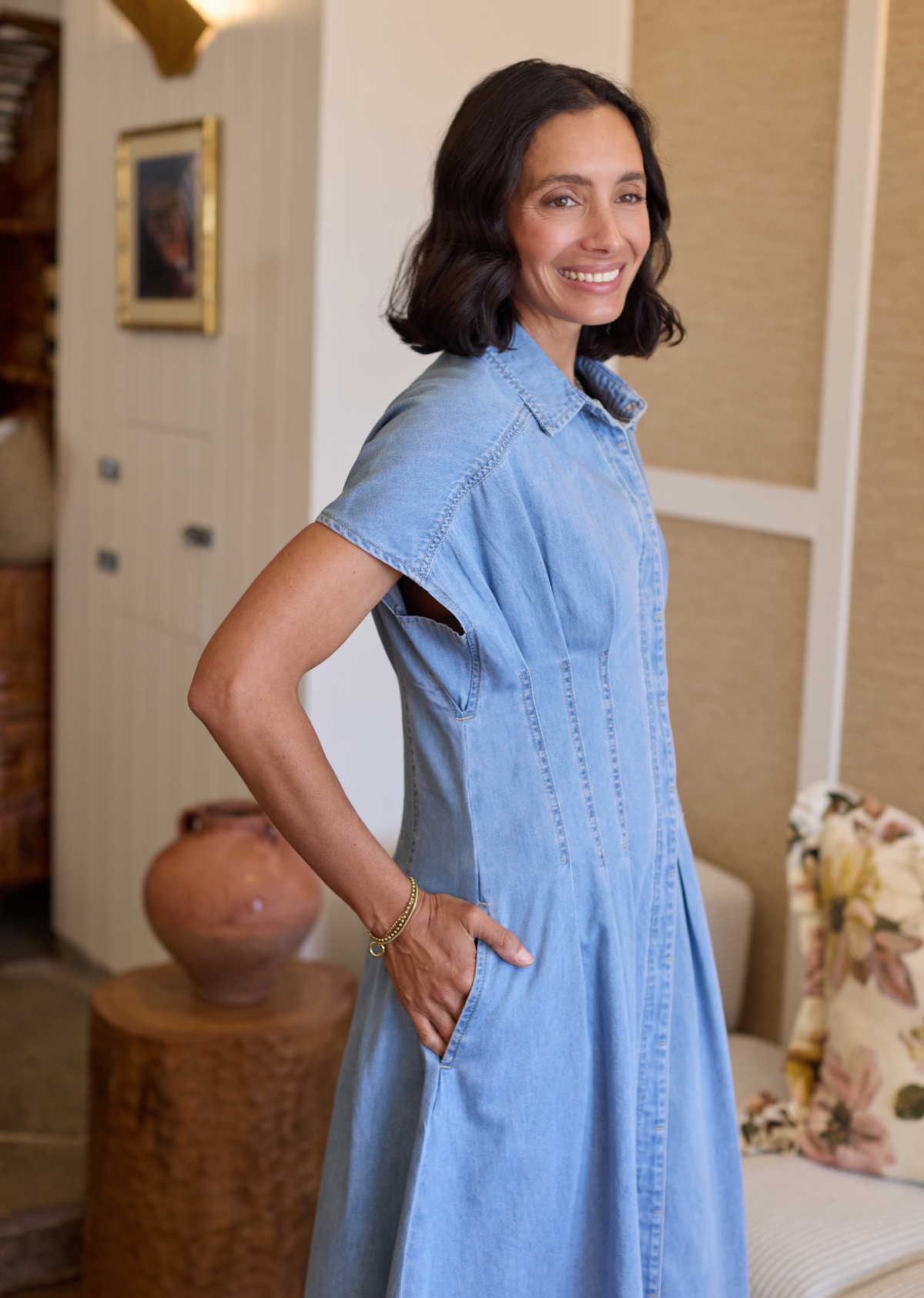Goldenshore Women's Soft Wash Denim Midi Dress - Fit-and-Flare 100% Cotton Dress with Pockets, Light Blue