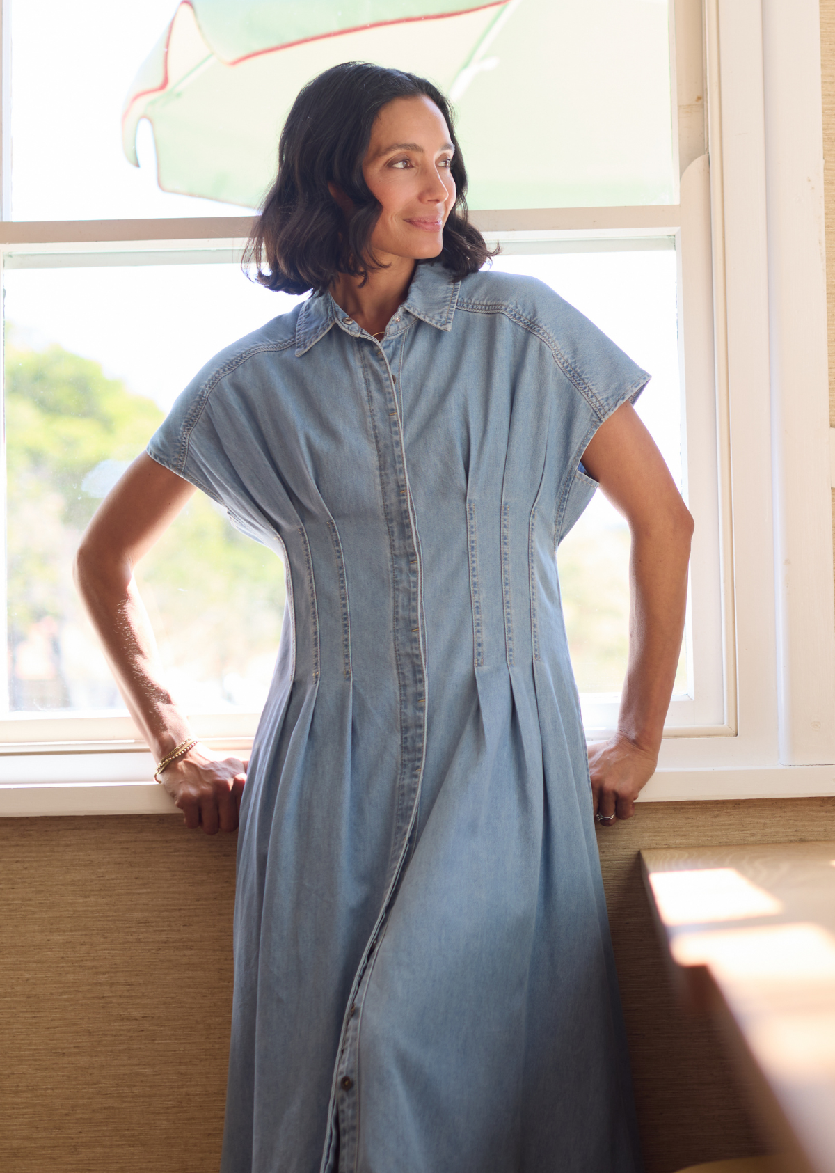 Goldenshore Women's Soft Wash Denim Midi Dress - Fit-and-Flare 100% Cotton Dress with Pockets, Light Blue