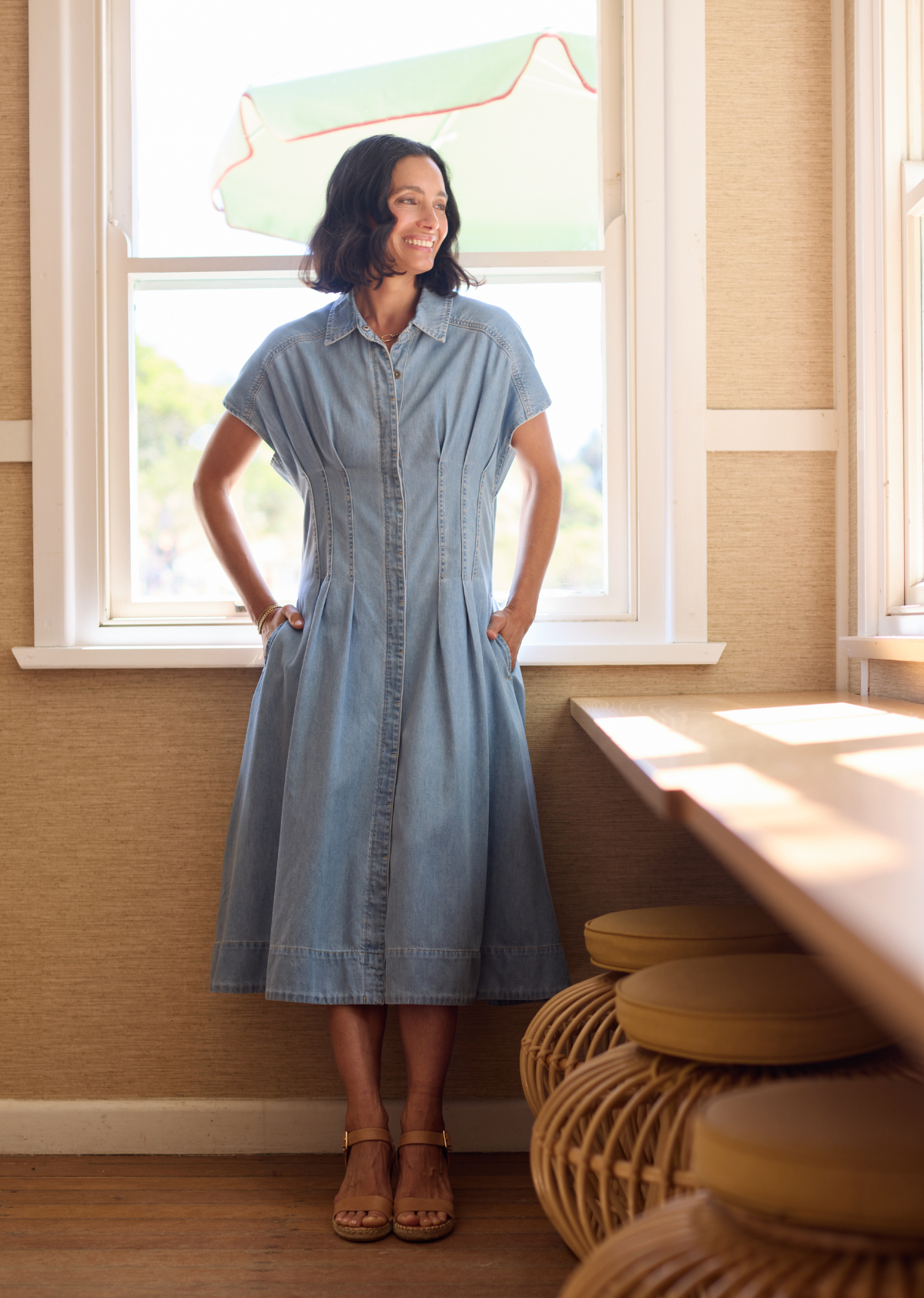 Goldenshore Women's Soft Wash Denim Midi Dress - Fit-and-Flare 100% Cotton Dress with Pockets, Light Blue