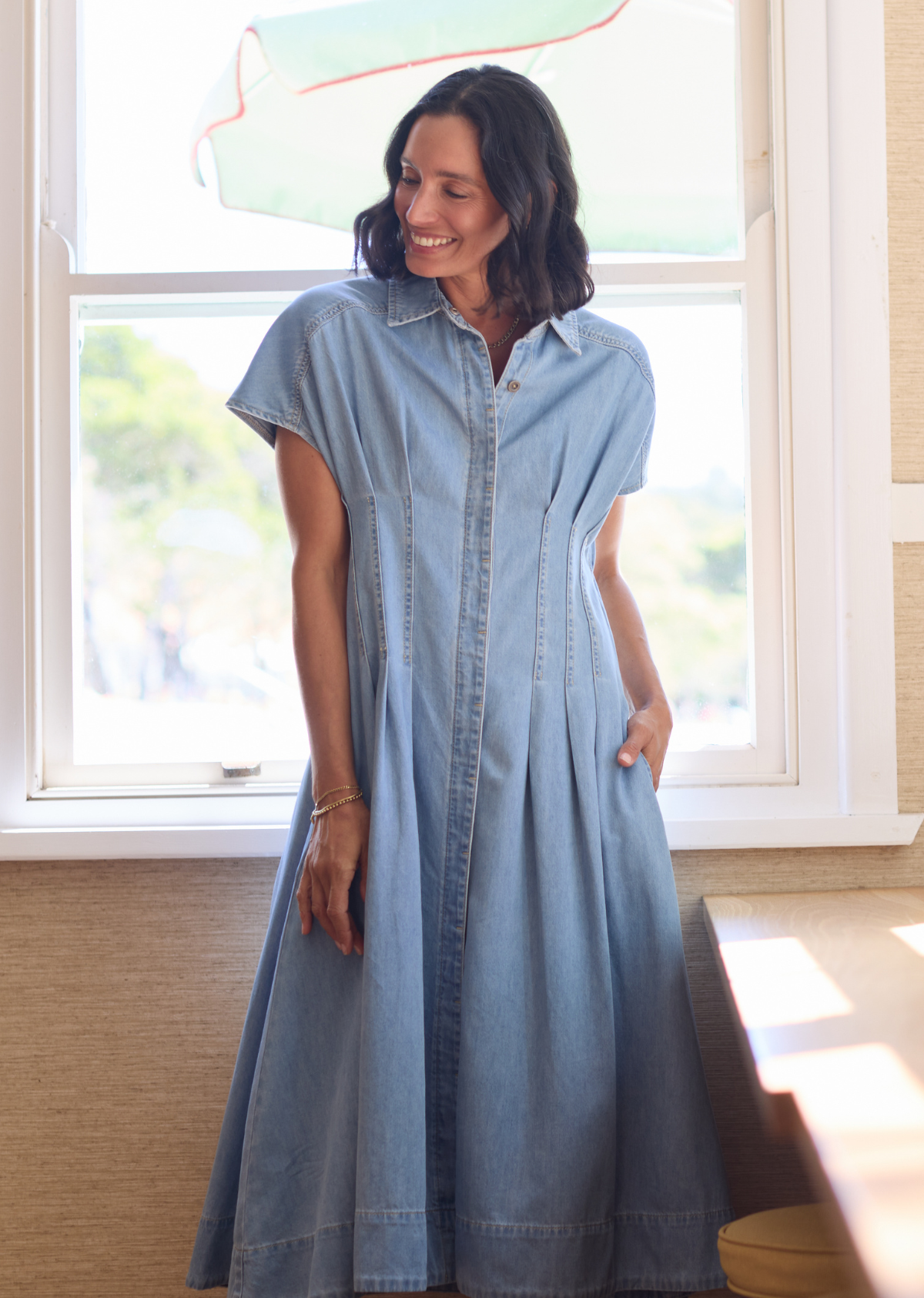 Goldenshore Women's Soft Wash Denim Midi Dress - Fit-and-Flare 100% Cotton Dress with Pockets, Light Blue