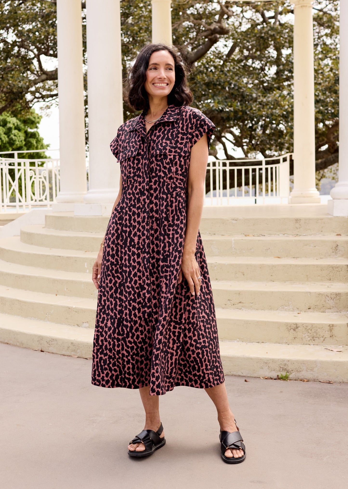 Goldenshore Women's Petite Patterned Midi Dress - Lightweight Viscose Blend Printed Day Dress with Pockets
