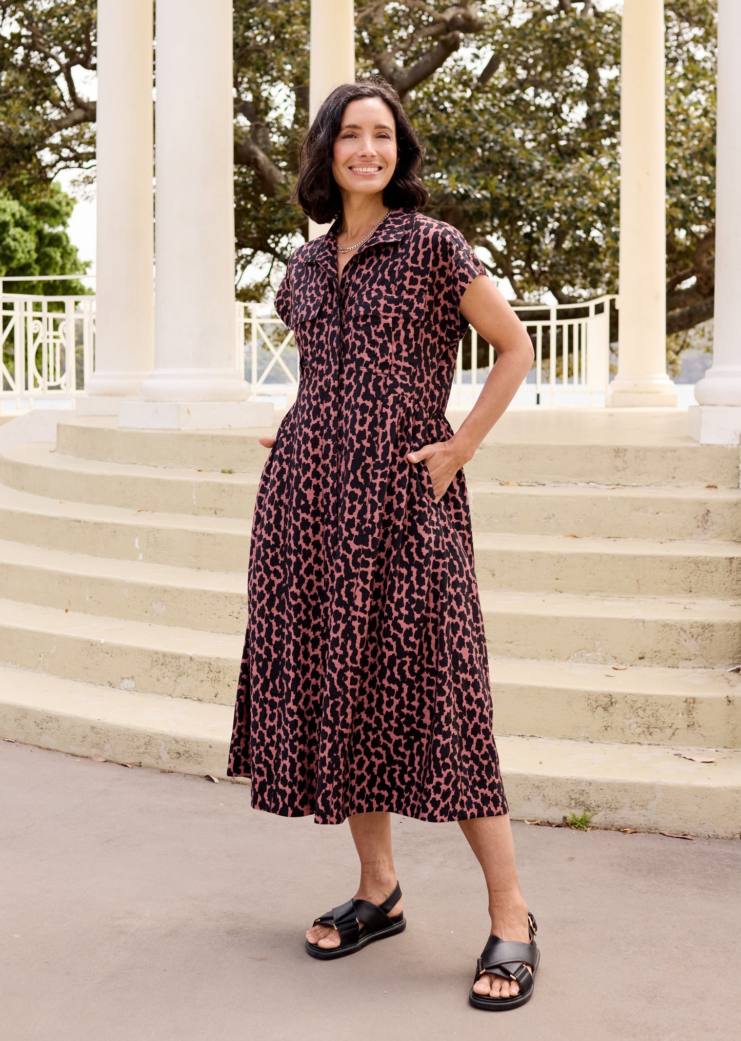 Goldenshore Women's Petite Patterned Midi Dress - Lightweight Viscose Blend Printed Day Dress with Pockets