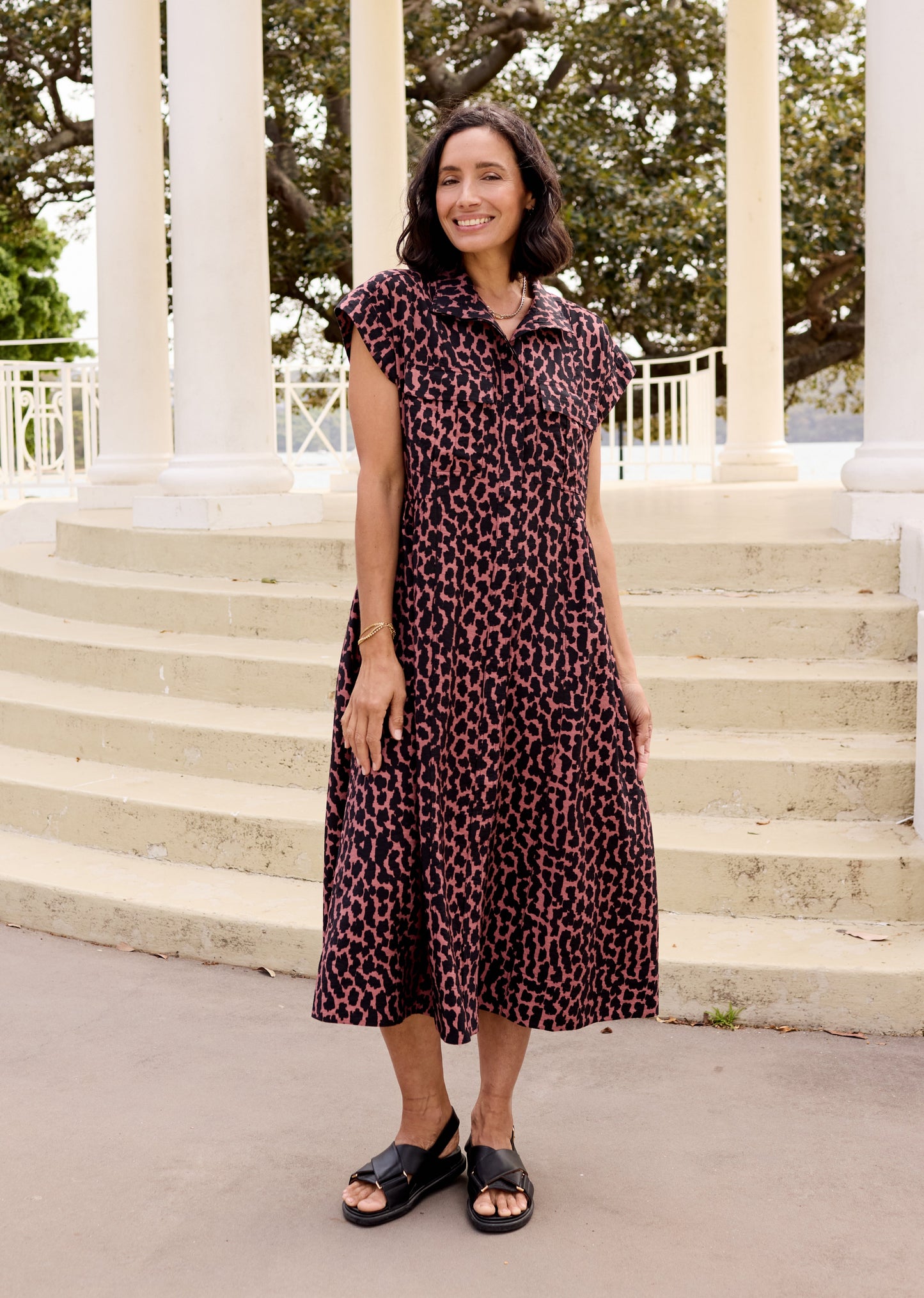 Goldenshore Women's Petite Patterned Midi Dress - Lightweight Viscose Blend Printed Day Dress with Pockets