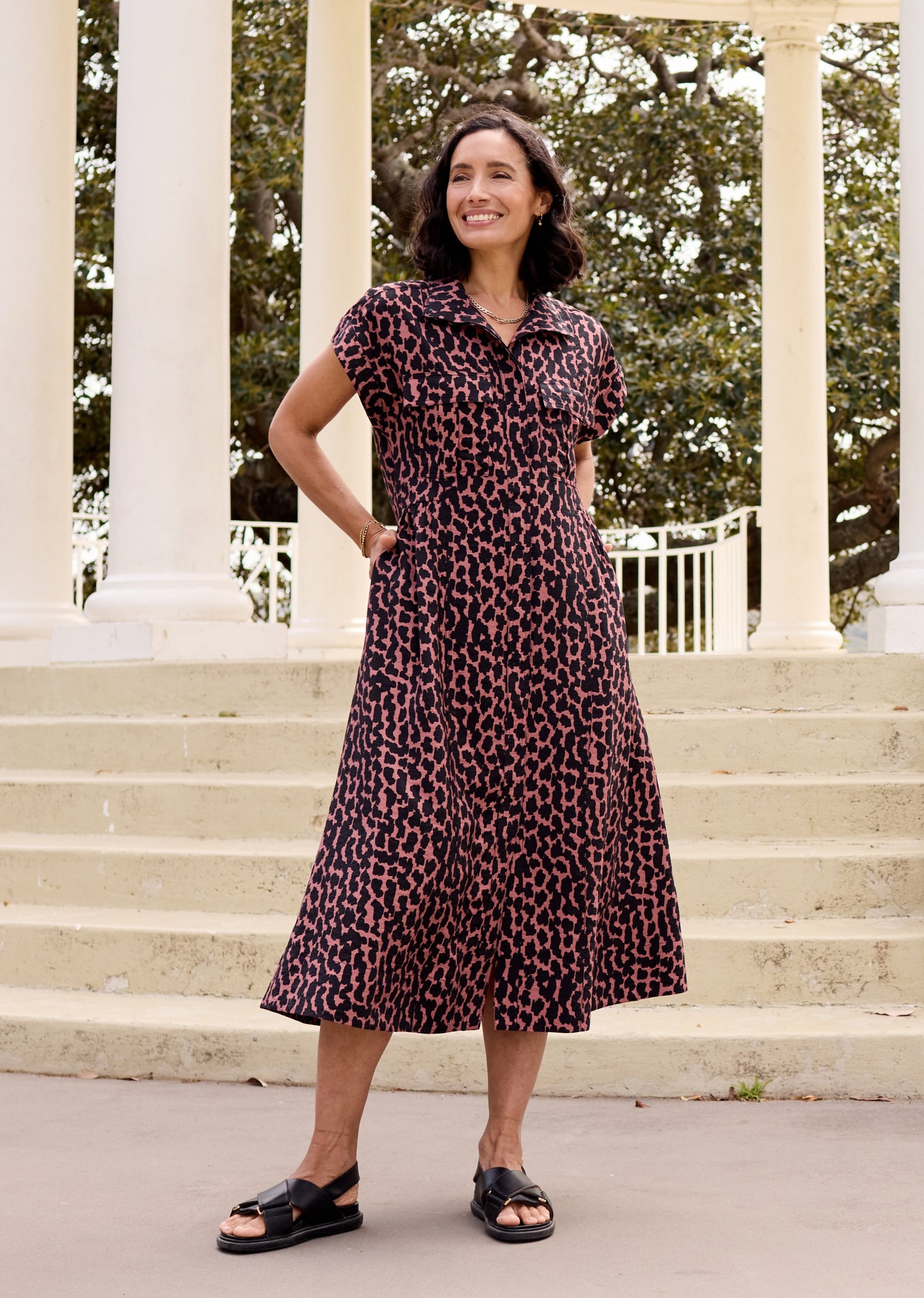 Goldenshore Women's Petite Patterned Midi Dress - Lightweight Viscose Blend Printed Day Dress with Pockets
