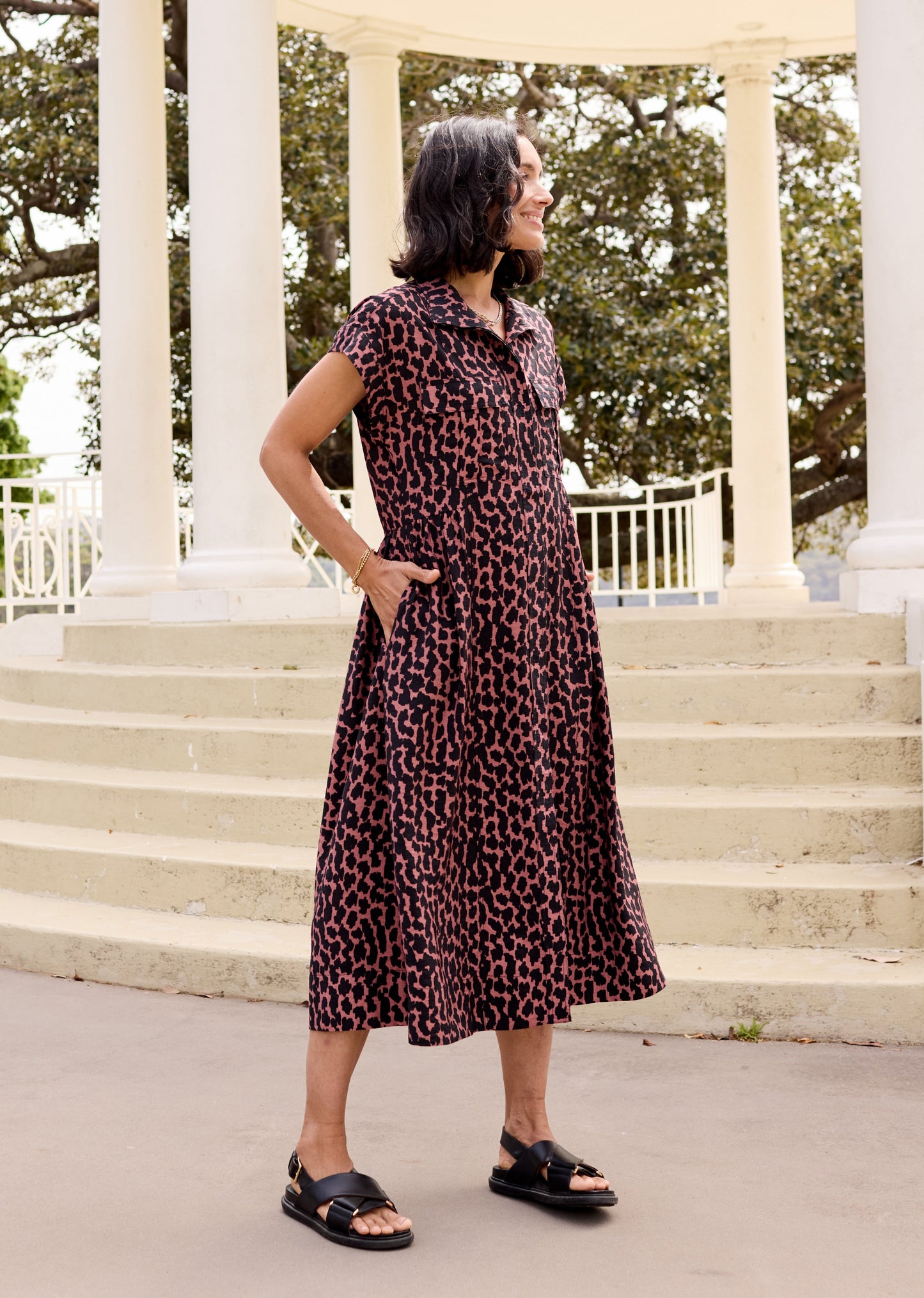 Goldenshore Women's Petite Patterned Midi Dress - Lightweight Viscose Blend Printed Day Dress with Pockets