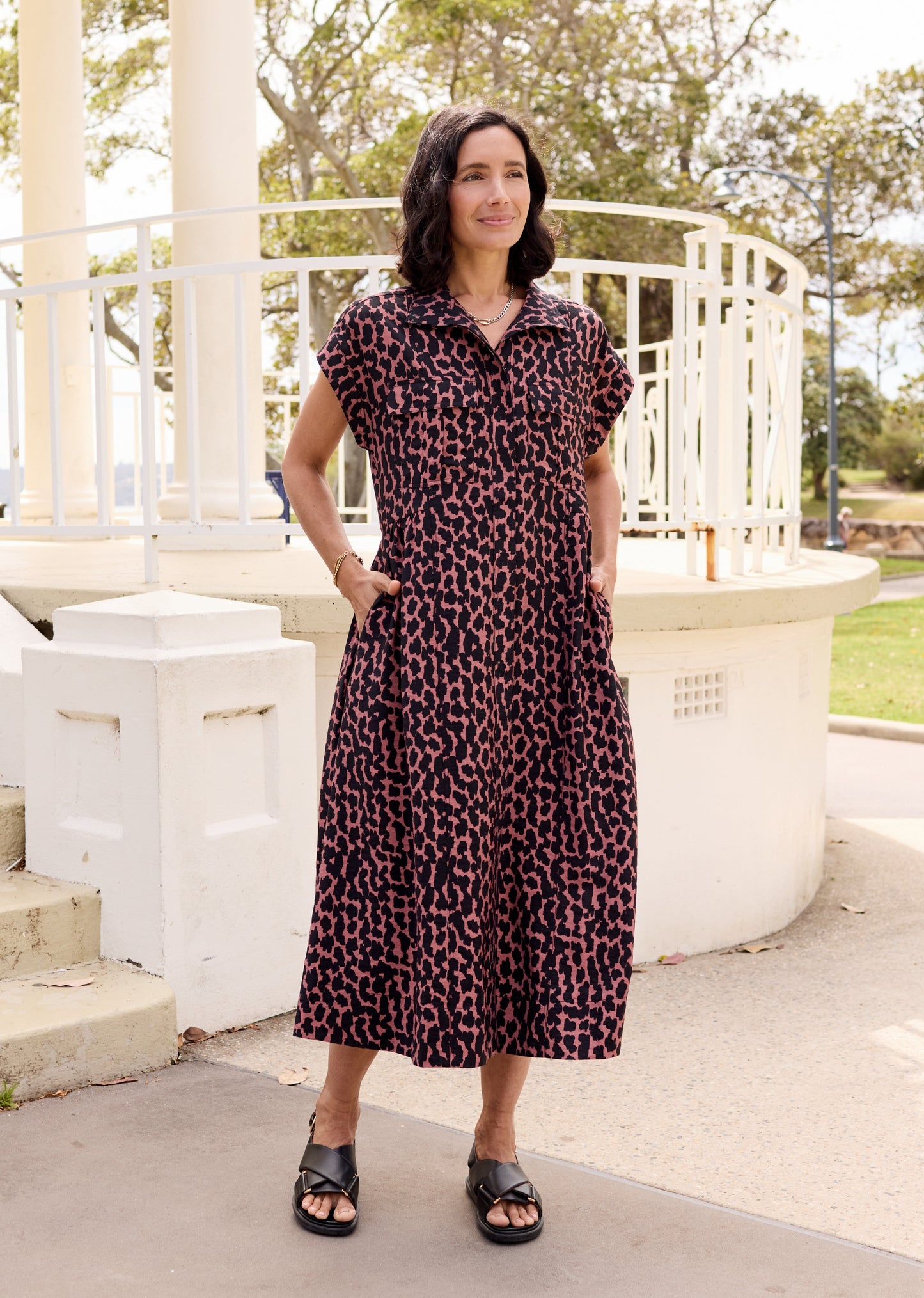 Goldenshore Women's Petite Patterned Midi Dress - Lightweight Viscose Blend Printed Day Dress with Pockets
