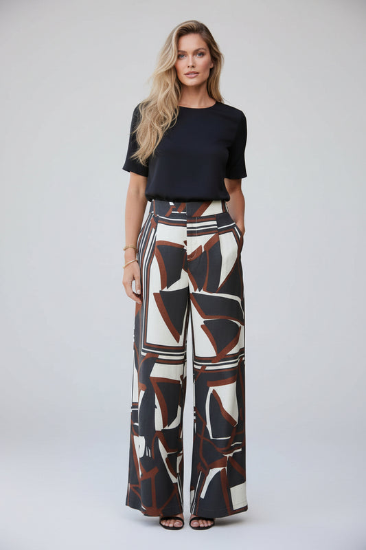 Women's Printed Wide-Leg Pants - Flowy High-Waisted Resort Trousers, Ines Pattern Beach Slacks