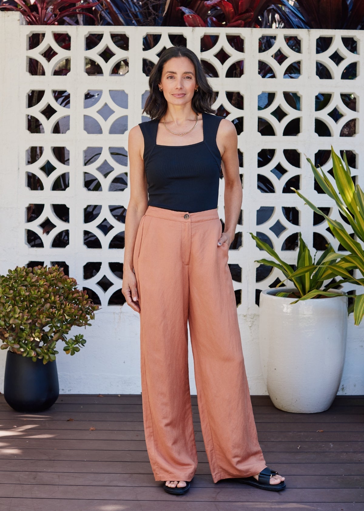 Goldenshore Women's Linen Blend Wide-Leg Pants - Lightweight High-Waisted Trousers, Caramel Tailored Beach Pants