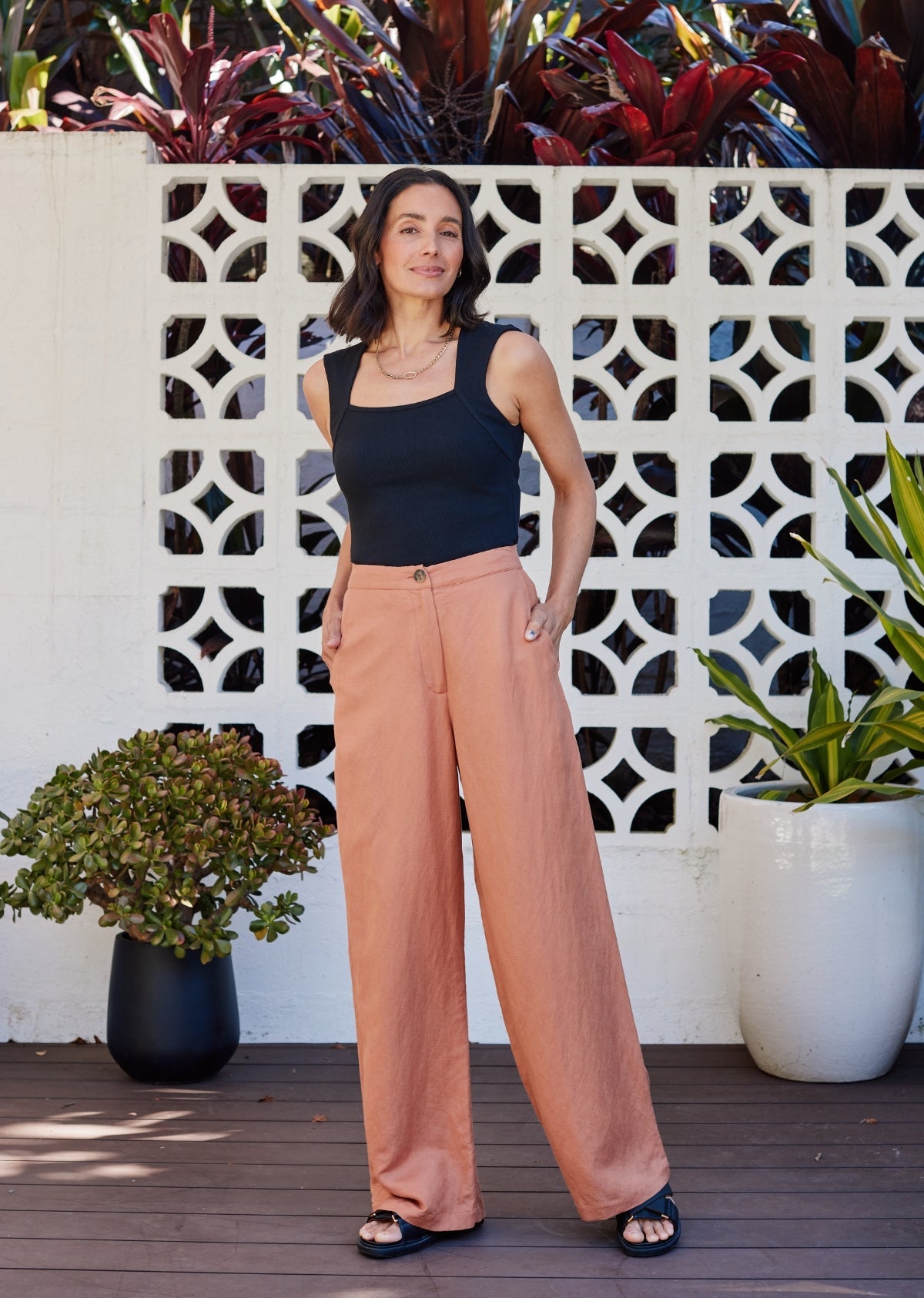 Goldenshore Women's Linen Blend Wide-Leg Pants - Lightweight High-Waisted Trousers, Caramel Tailored Beach Pants