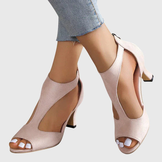 Goldenshore Women's Block Heel Pumps - Open Toe Strappy Dress Heels with Cutout Design