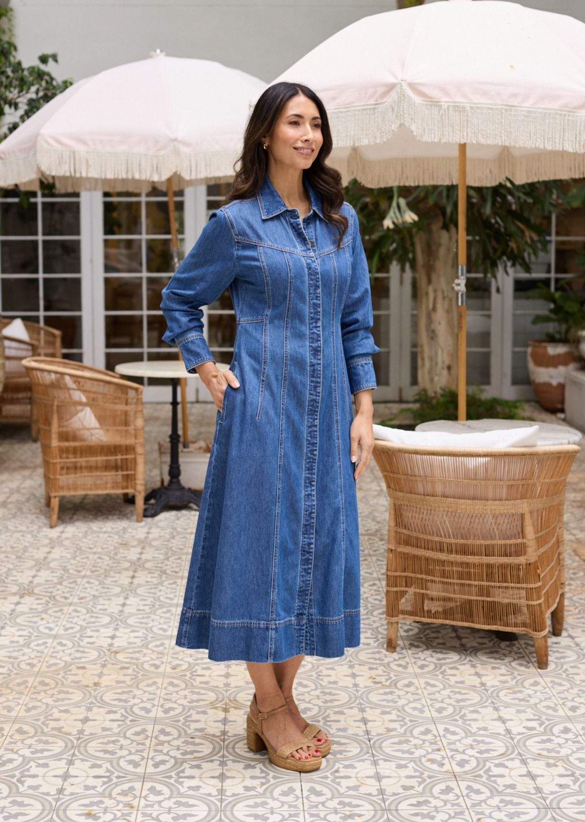 LILLIE LONG SLEEVE DENIM DRESS - MID BLUE