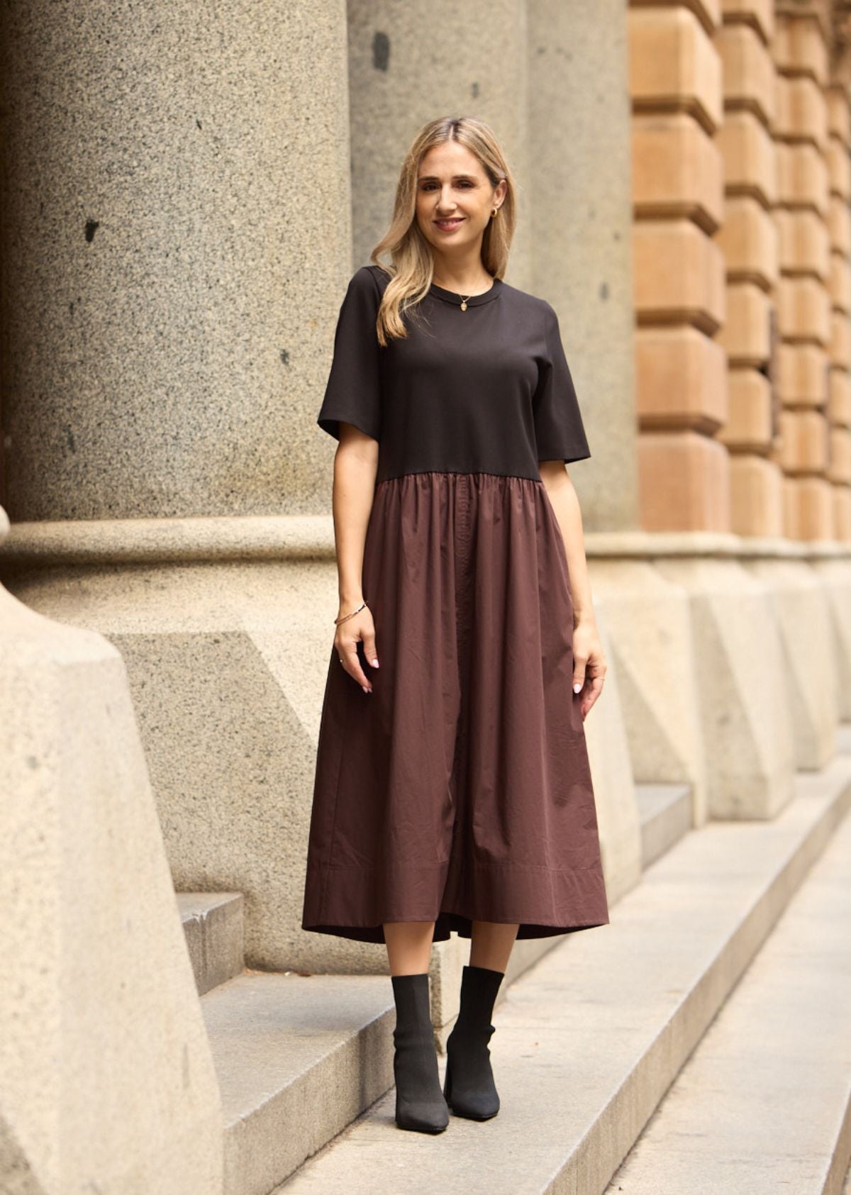 MIMI MIDI DRESS - BLACK/CHOCOLATE