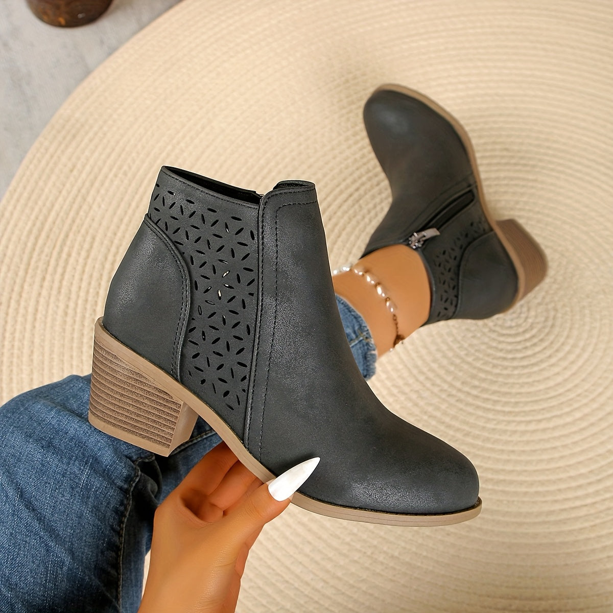 Goldenshore Women's Comfortable Ankle Boots - Low Block Heel Summer Cutout Booties
