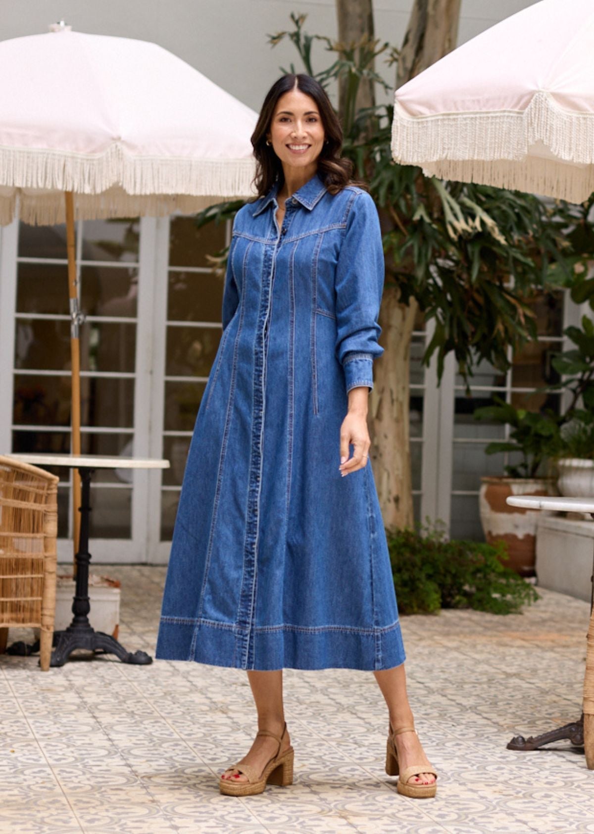 LILLIE LONG SLEEVE DENIM DRESS - MID BLUE