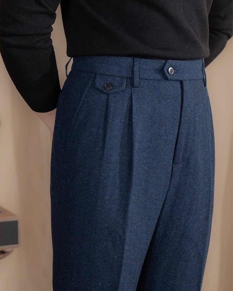 Goldenshore Men's Herringbone Wool Trousers - High-Waisted Pleated Front Pants, Adjustable Side Tab Slacks