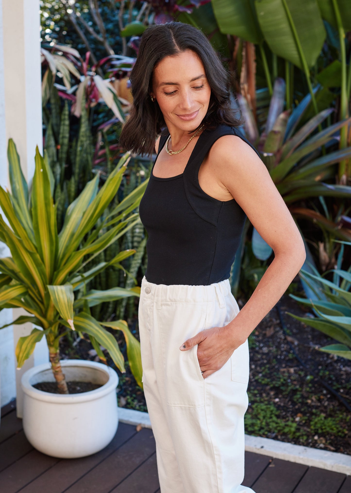 Goldenshore Women's Cotton Drill Cropped Pants - Soft Wash High-Waisted Trousers, Casual White Pocketed Beach Pants