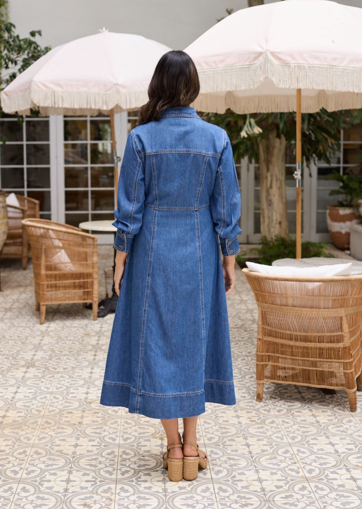 LILLIE LONG SLEEVE DENIM DRESS - MID BLUE