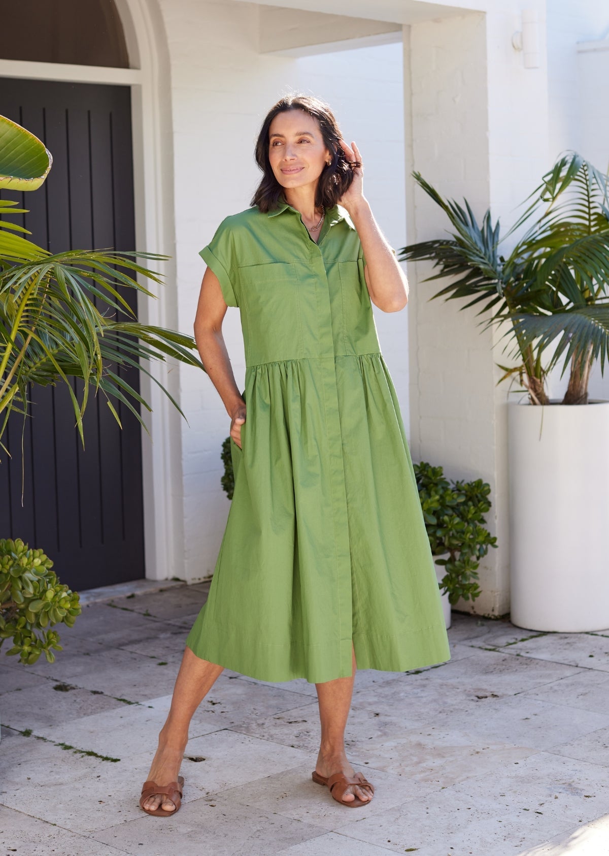 Goldenshore Women's Cotton Poplin Midi Shirtdress - Relaxed Button-Front Dress with Cap Sleeves, Apple Green