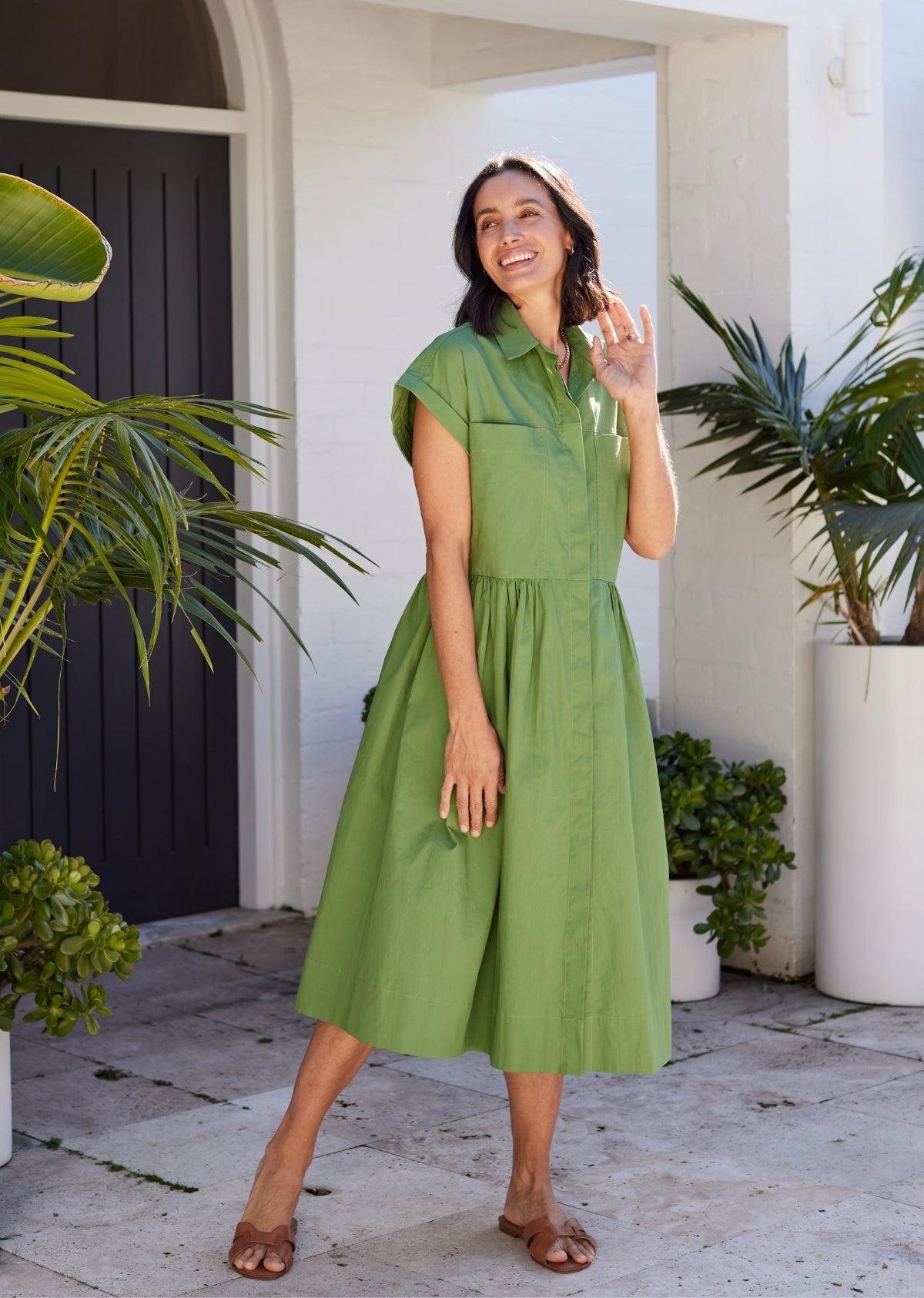 Goldenshore Women's Cotton Poplin Midi Shirtdress - Relaxed Button-Front Dress with Cap Sleeves, Apple Green