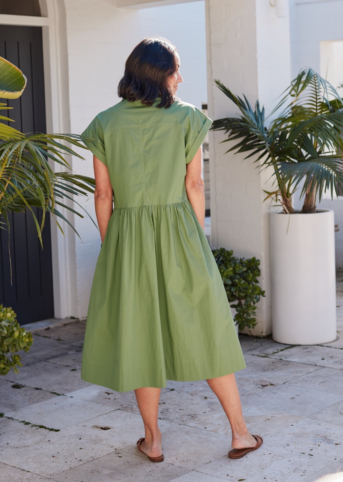 Goldenshore Women's Cotton Poplin Midi Shirtdress - Relaxed Button-Front Dress with Cap Sleeves, Apple Green