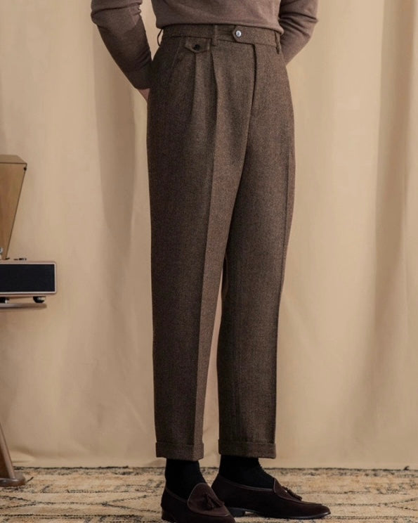 Goldenshore Men's Herringbone Wool Trousers - High-Waisted Pleated Front Pants, Adjustable Side Tab Slacks