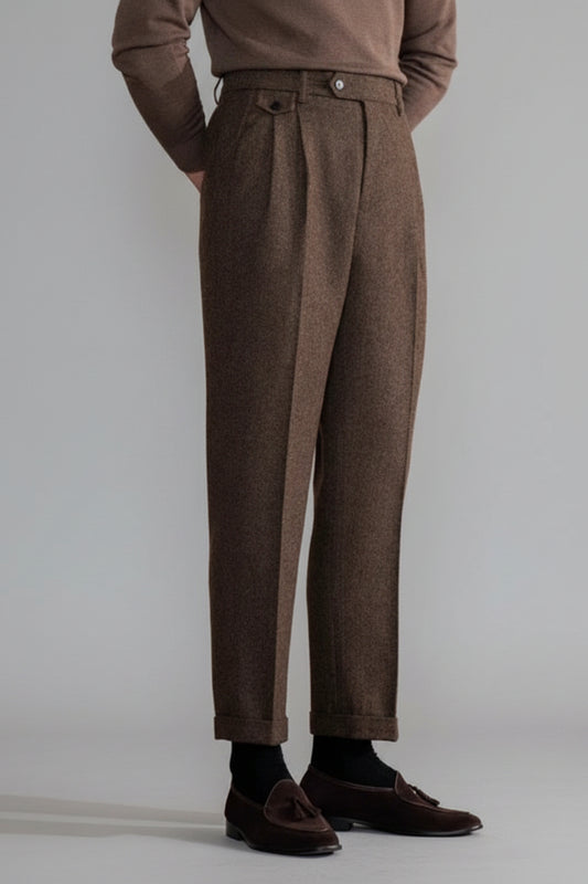 Men's Herringbone Wool Trousers - High-Waisted Pleated Front Pants, Adjustable Side Tab Slacks