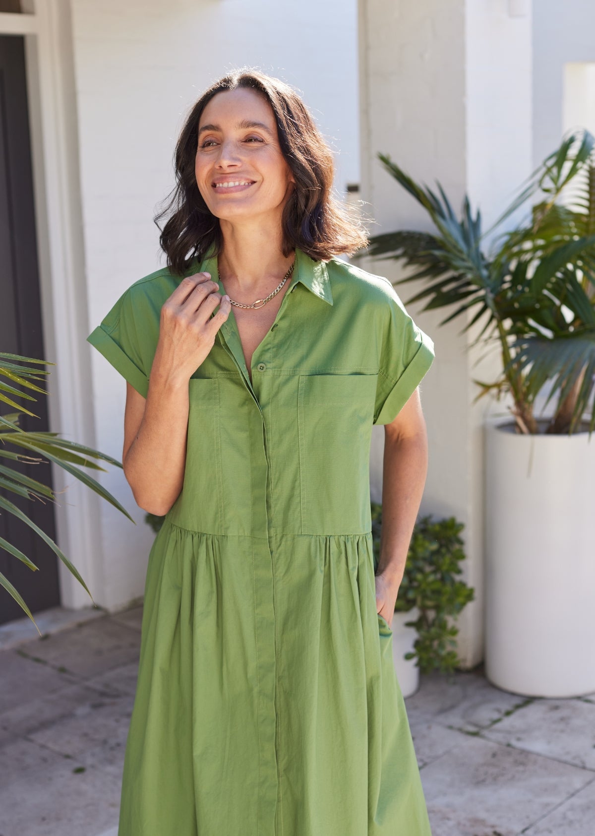 Goldenshore Women's Cotton Poplin Midi Shirtdress - Relaxed Button-Front Dress with Cap Sleeves, Apple Green