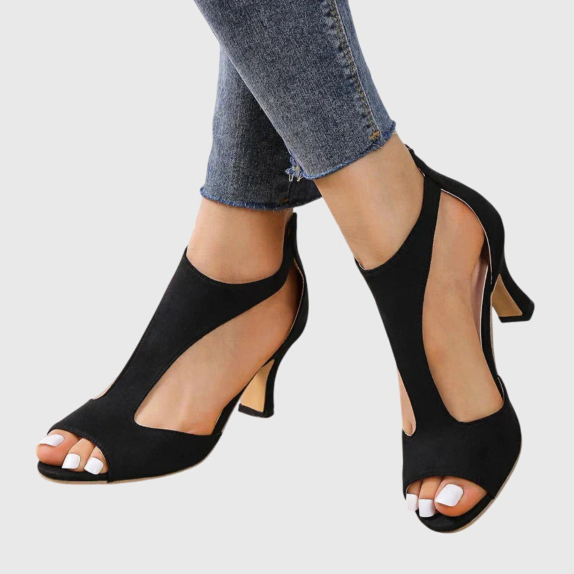 Goldenshore Women's Block Heel Pumps - Open Toe Strappy Dress Heels with Cutout Design