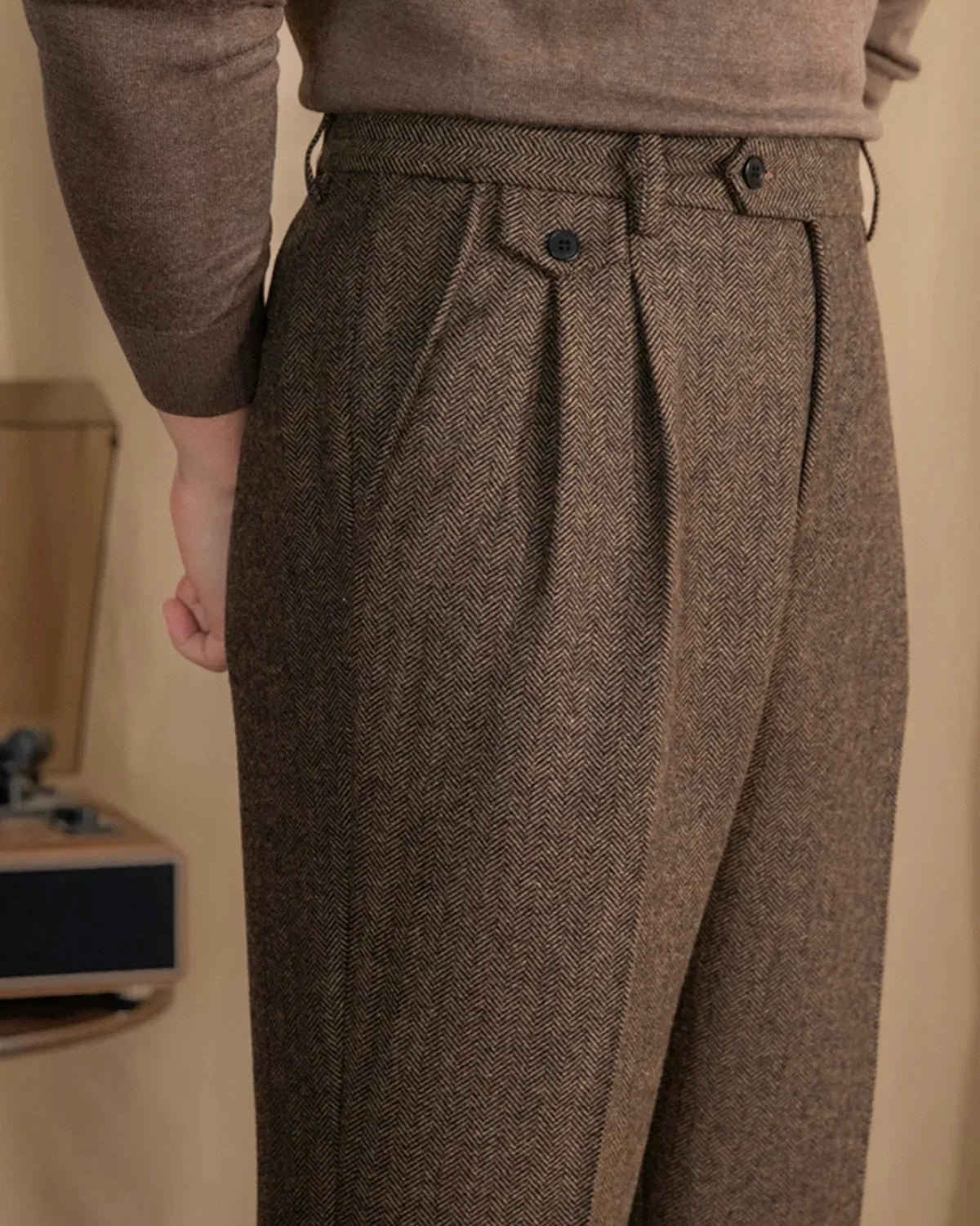 Goldenshore Men's Herringbone Wool Trousers - High-Waisted Pleated Front Pants, Adjustable Side Tab Slacks