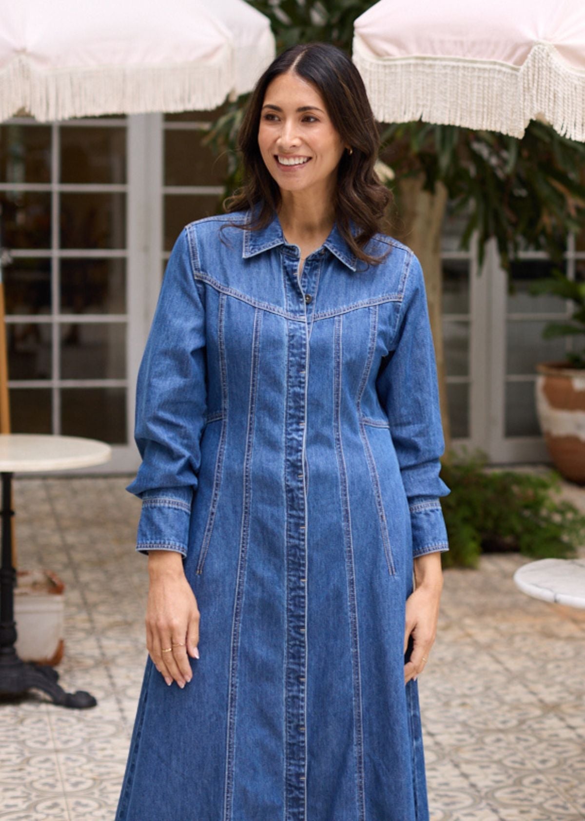 LILLIE LONG SLEEVE DENIM DRESS - MID BLUE