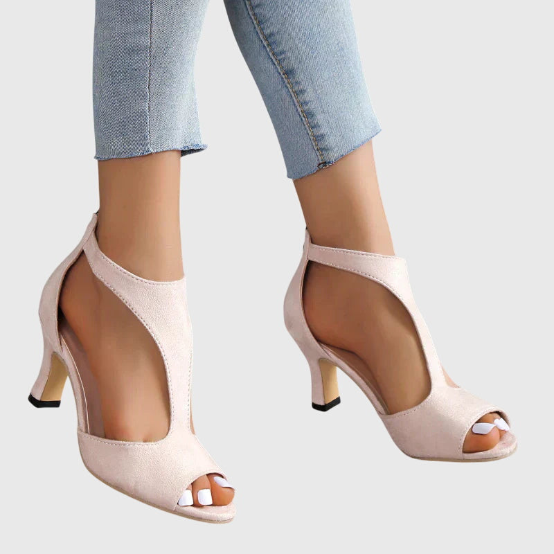 Goldenshore Women's Block Heel Pumps - Open Toe Strappy Dress Heels with Cutout Design