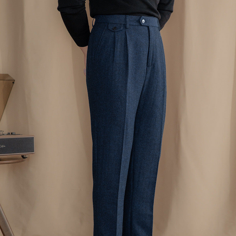 Goldenshore Men's Herringbone Wool Trousers - High-Waisted Pleated Front Pants, Adjustable Side Tab Slacks