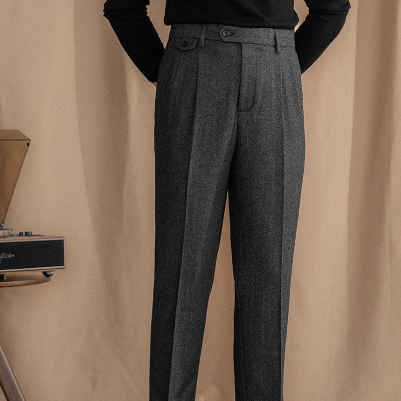 Goldenshore Men's Herringbone Wool Trousers - High-Waisted Pleated Front Pants, Adjustable Side Tab Slacks