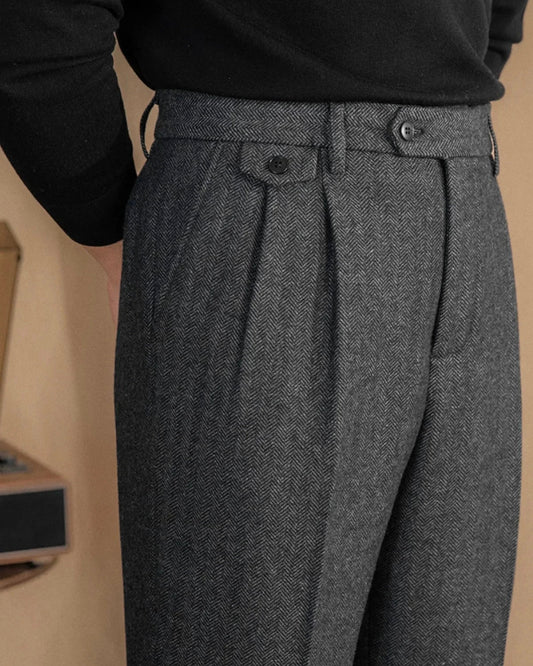 Goldenshore Men's Herringbone Wool Trousers - High-Waisted Pleated Front Pants, Adjustable Side Tab Slacks