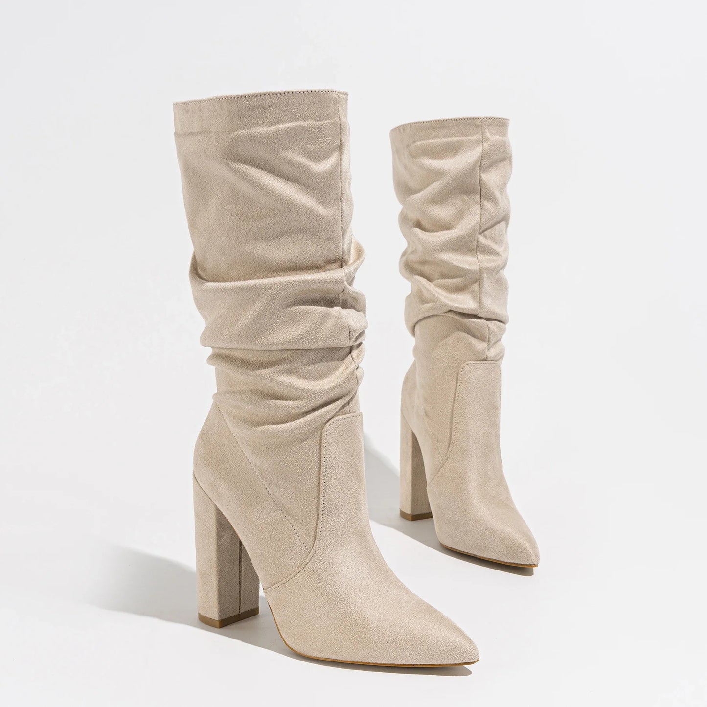 Goldenshore Women's High-Heel Suede Boots - Slouchy Knee-High Dress Booties, Handcrafted Comfort Heels