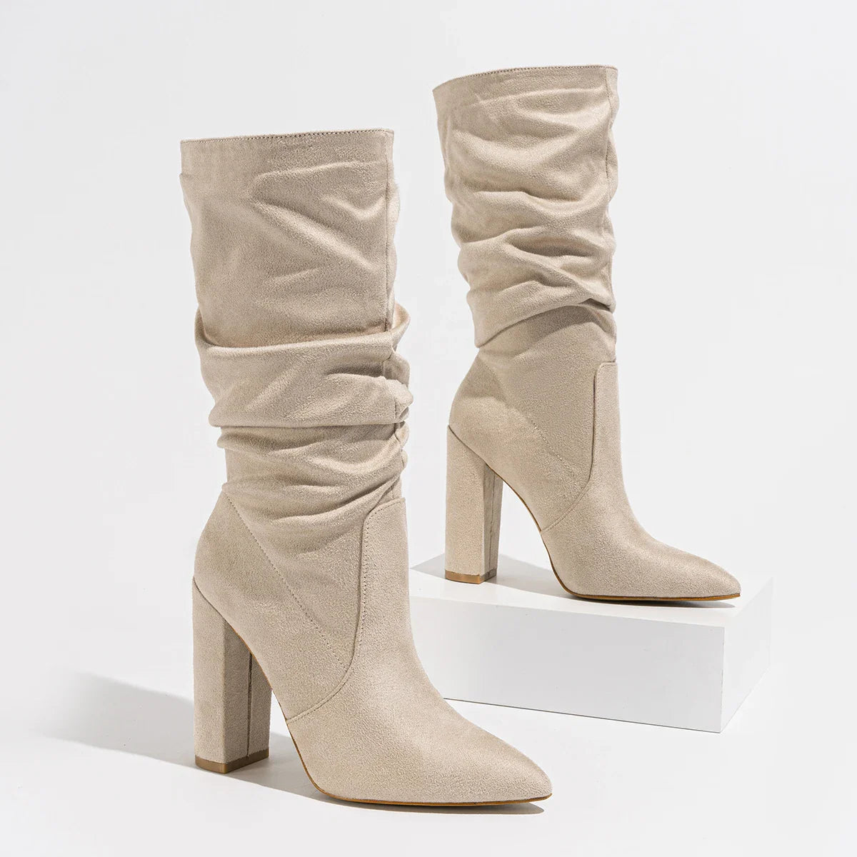 Goldenshore Women's High-Heel Suede Boots - Slouchy Knee-High Dress Booties, Handcrafted Comfort Heels