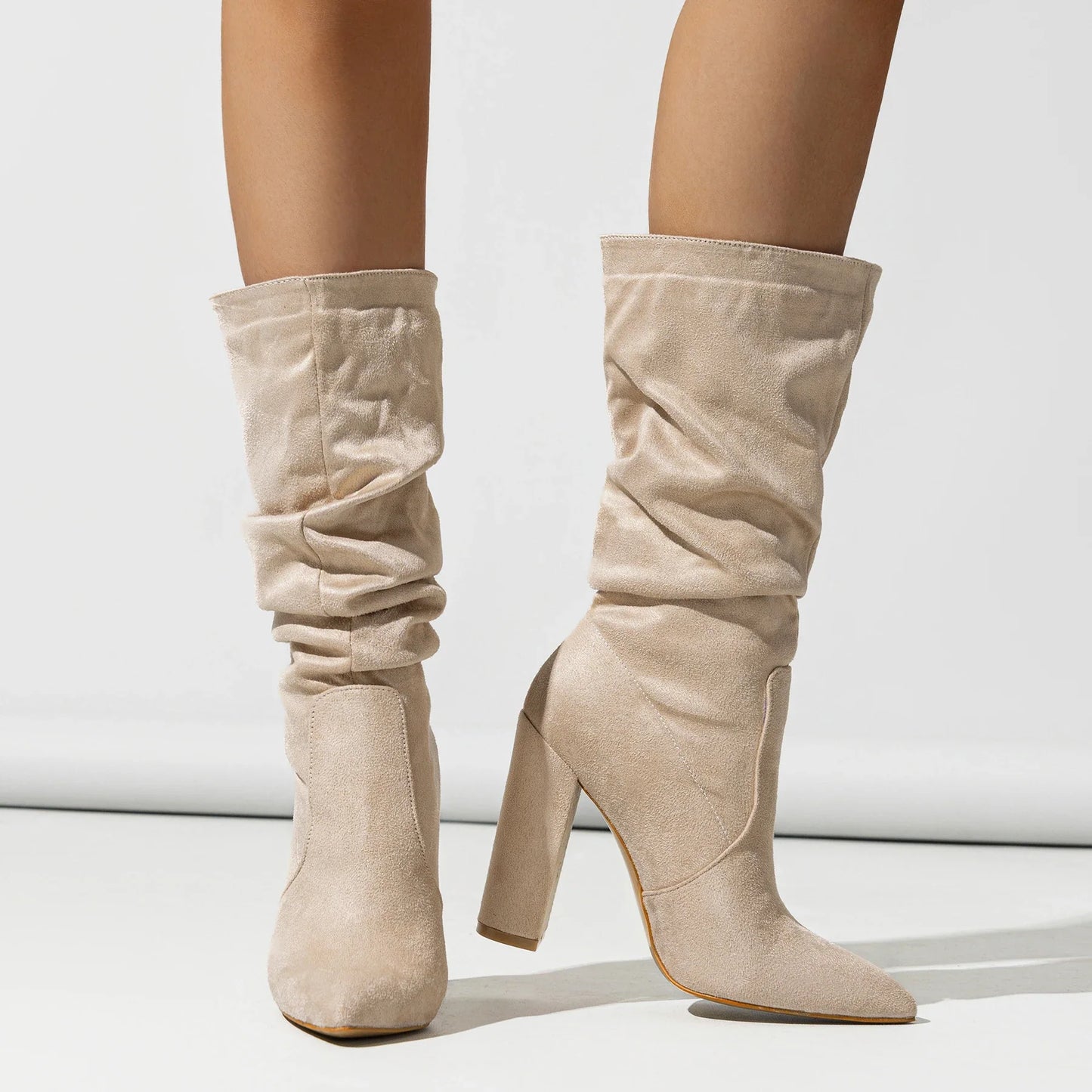 Goldenshore Women's High-Heel Suede Boots - Slouchy Knee-High Dress Booties, Handcrafted Comfort Heels
