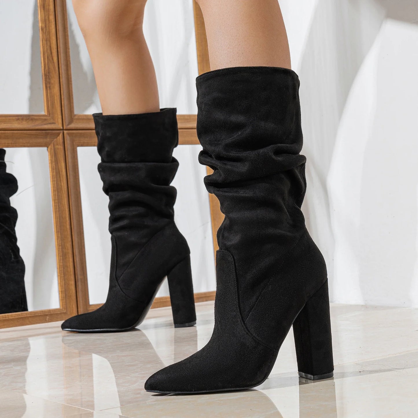 Goldenshore Women's High-Heel Suede Boots - Slouchy Knee-High Dress Booties, Handcrafted Comfort Heels