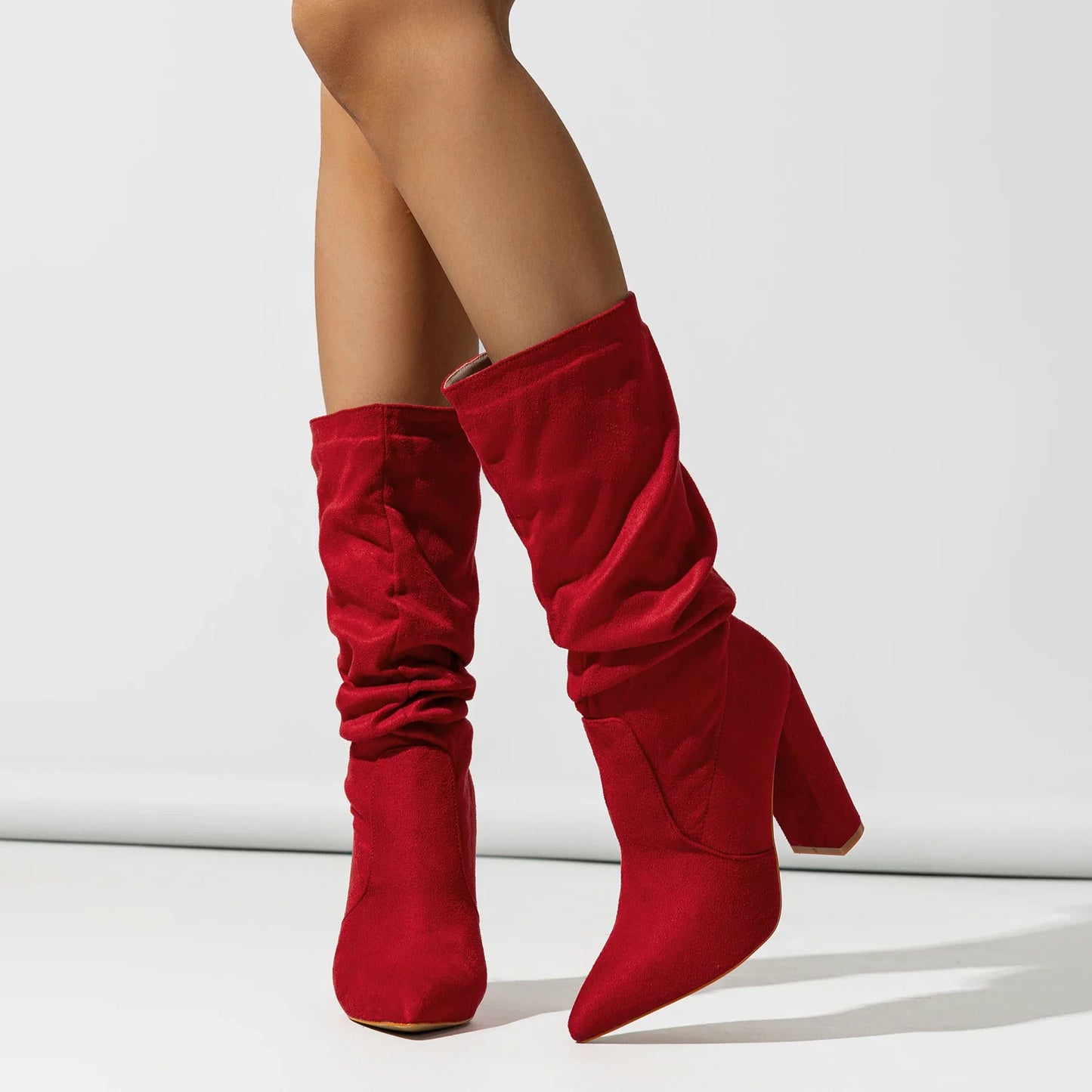 Goldenshore Women's High-Heel Suede Boots - Slouchy Knee-High Dress Booties, Handcrafted Comfort Heels