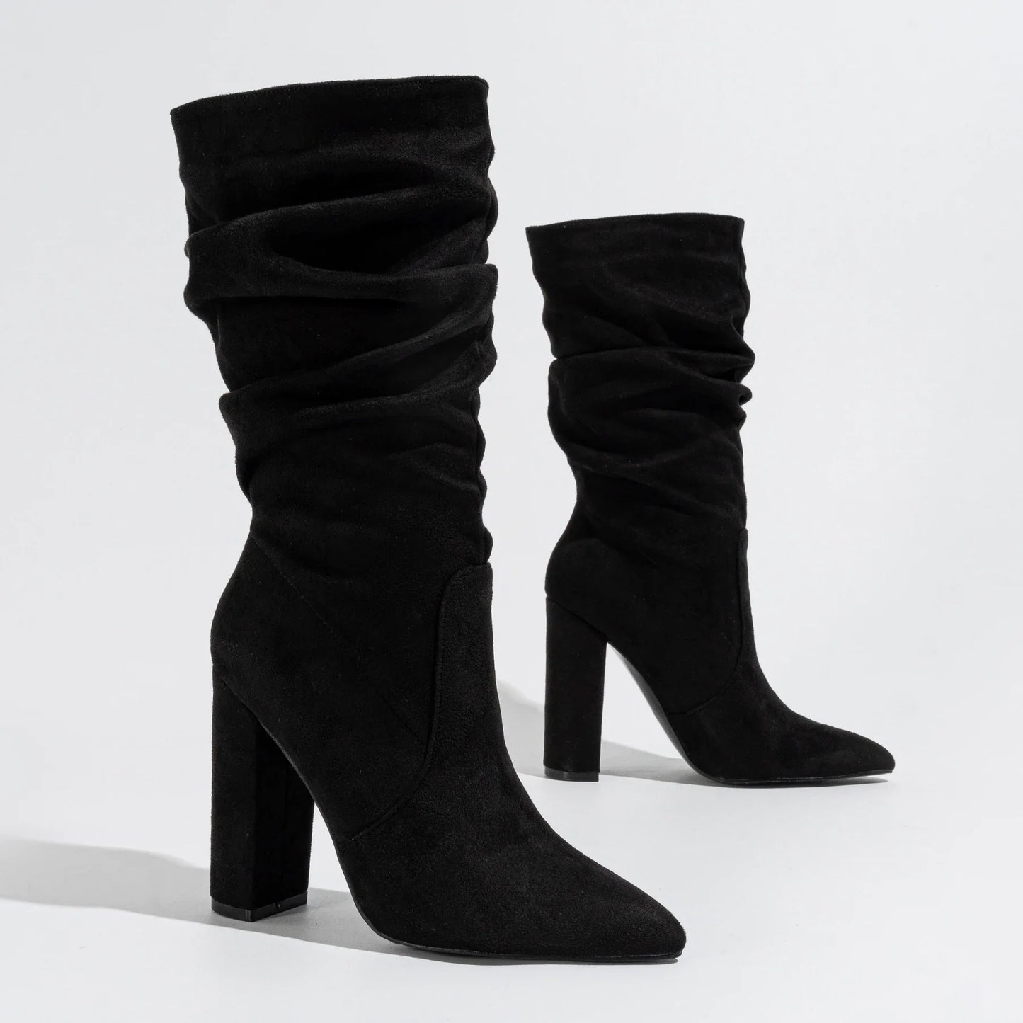Goldenshore Women's High-Heel Suede Boots - Slouchy Knee-High Dress Booties, Handcrafted Comfort Heels