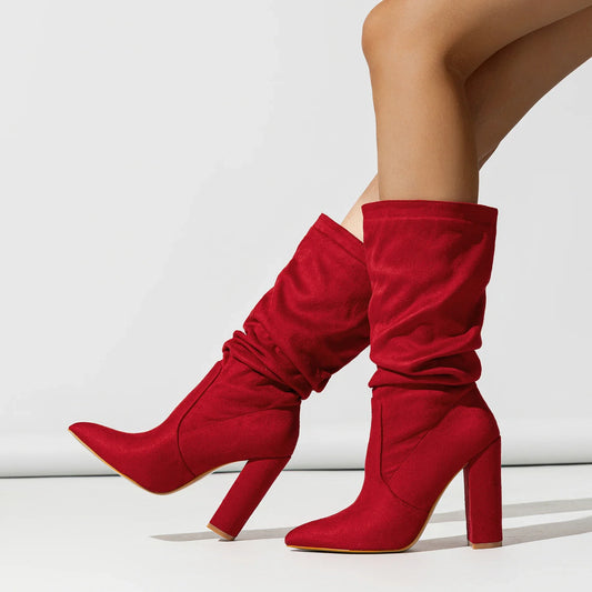 Goldenshore Women's High-Heel Suede Boots - Slouchy Knee-High Dress Booties, Handcrafted Comfort Heels